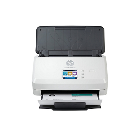 Ein weißer HP ScanJet Pro N4000 snw1 Scanner mit offenem Deckel, der ein Blatt Papier einzieht. Auf dem Bildschirm werden Optionen angezeigt.