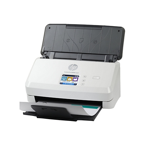 Ein weißer HP ScanJet Pro N4000 snw1 Scanner mit geöffnetem Deckel, einem Papiereinzug und einem kleinen Bildschirm mit Symbolen.