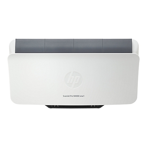 Draufsicht auf einen weißen HP ScanJet Pro N4000 snw1 Scanner mit grauem Deckel und HP Logo.