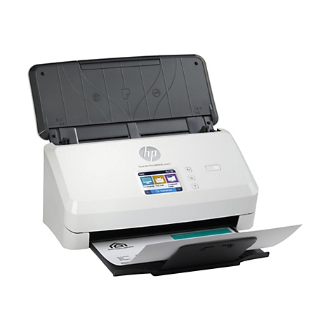 Ein weißer HP Scanjet Pro N4000 snw1 Scanner mit geöffnetem Deckel. Ein Blatt Papier mit Aufdruck wird gerade gescannt.