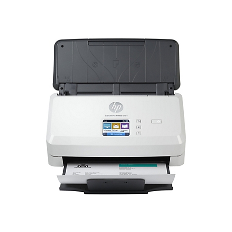 Ein weißer HP ScanJet Pro N4000 snw1 Scanner, die Abdeckung ist geöffnet und ein Blatt Papier liegt im Einzug. Auf dem Bedienfeld werden Symbole angezeigt.