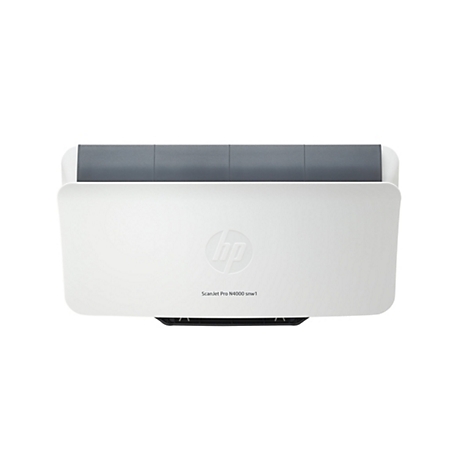 Draufsicht auf einen weißen HP-Scanner. Oben grau, mit HP-Logo und Schriftzug 'ScanJet Pro N4000 snw1'.