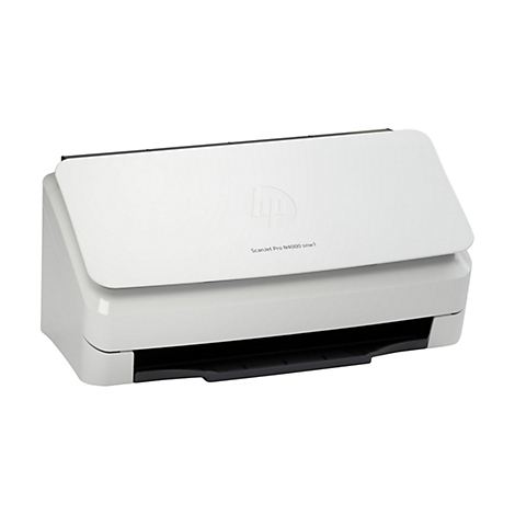 Weißer HP-Scanner, auf dem "Scanjet Pro N4000 snw1" steht.