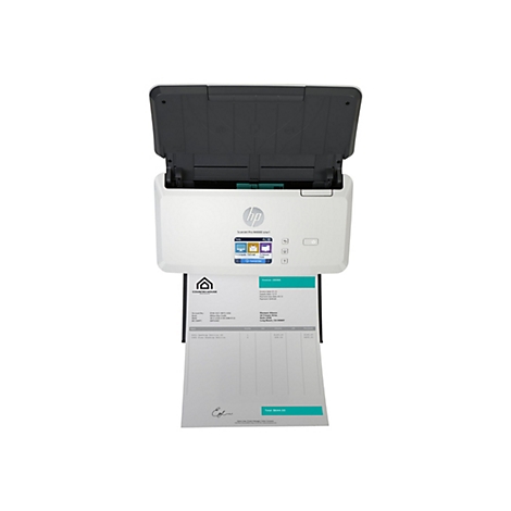 Ein weißer HP-Scanner mit offenem Deckel, darunter ein Rechnungsdokument mit Text.