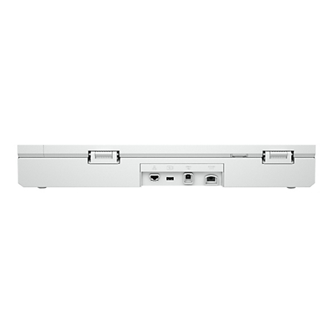 Weiße Geräte-Rückseite mit Anschlüssen, wie LAN, USB, und Stromversorgung. Oben zwei Scharniere.