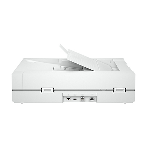 Weißer Flachbettscanner mit geöffneter Abdeckung. Rückansicht mit Anschlüssen für Strom, USB und Ethernet.