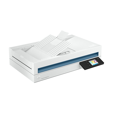 Ein weißer Scanner mit geöffnetem Deckel, blauem Streifen und schwarzem Bedienfeld. Auf dem Display sind Optionen wie E-Mail und Ordner zu sehen.