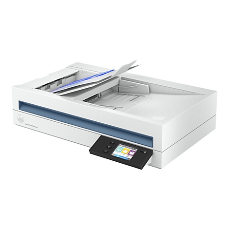 Ein weißer Scanner, HP ScanJet Pro N4600 fnw1, mit geöffnetem Deckel. Ein schwarzes Bedienfeld mit Bildschirm und Knöpfen befindet sich an der Seite.