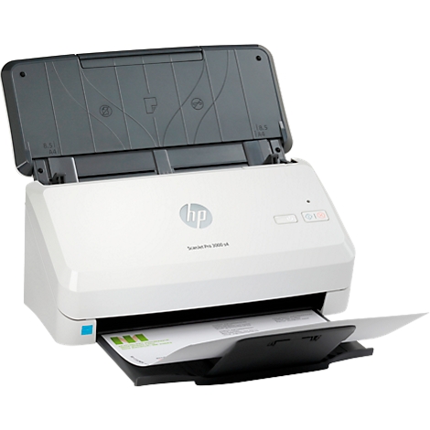 Un scanner HP blanc avec le couvercle ouvert, une feuille de papier est dans le bac de sortie.
