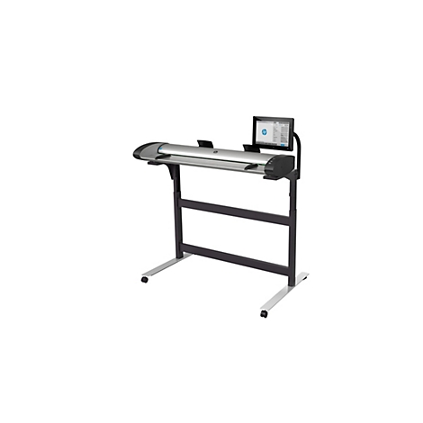 Ein grauer Großformatscanner der Marke HP. Auf einem schwarzen Gestell mit Rädern, mit einem Bildschirm.