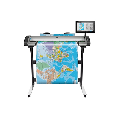 Ein grossformatiger HP Designjet SD Pro Drucker, zeigt eine Weltkarte, auf Rollen montiert, mit Monitor.