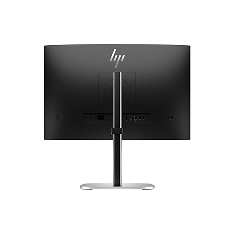 Rückseite eines schwarzen HP Monitors. Sichtbar sind Anschlüsse und der Standfuß.