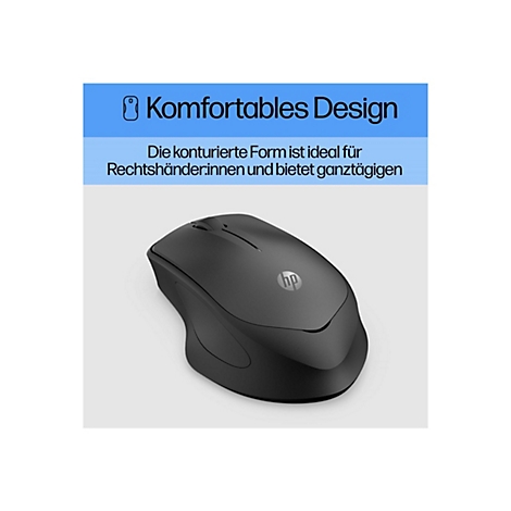 Schwarze HP-Maus auf weißem Grund. Oben Text: Komfortables Design. Die Form ist ideal für Rechtshänder.innen.