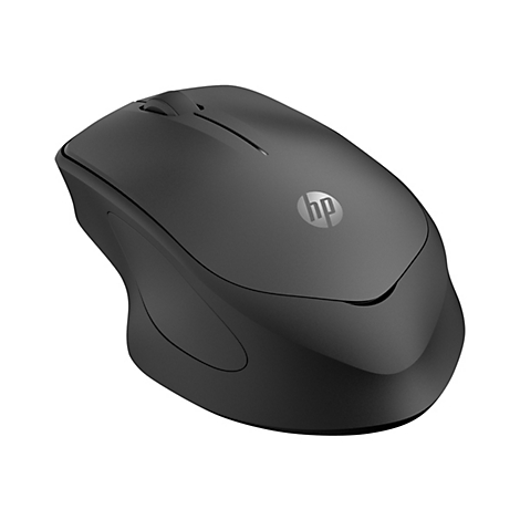 Schwarze HP-Computermaus, Ansicht von oben, mit Logo.