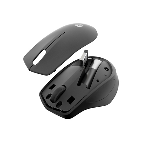 Schwarze HP-Maus im zerlegten Zustand: Oberschale geöffnet, darunter USB-Empfänger und Batterie.