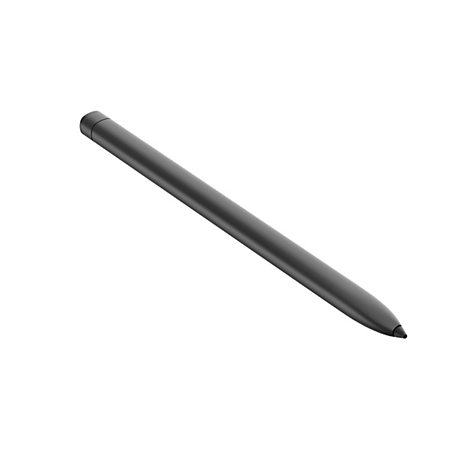 Ein schwarzer Eingabestift, der leicht schräg von links oben nach rechts unten auf weißem Hintergrund liegt.