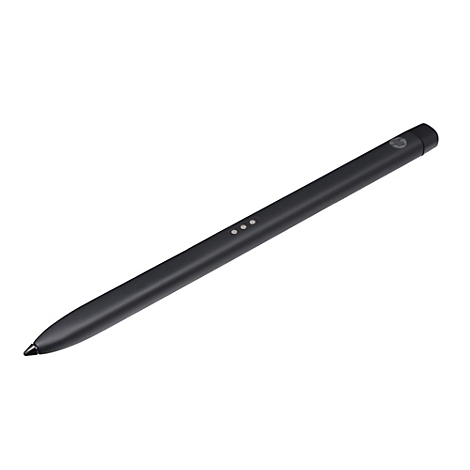 Schwarzer Stylus-Stift mit drei kleinen Punkten und HP-Logo. Liegt diagonal vor weißem Hintergrund.