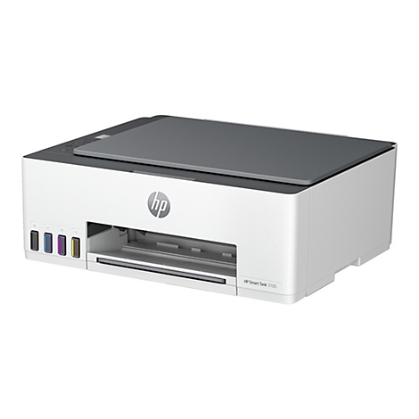 Ein weißer HP Smart Tank 5105 Drucker mit grauem Deckel und Farbtankstellen.