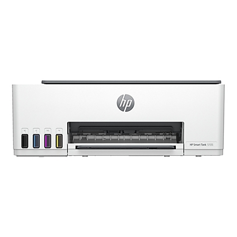 Ein weißer HP Smart Tank 5105 Drucker, Frontansicht. Oben, ein grauer Deckel, unten Patronen mit farbiger Tinte.