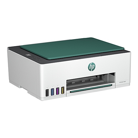 Weißer HP Smart Tank Drucker mit grünem Deckel und integrierten Tintentanks vorne.