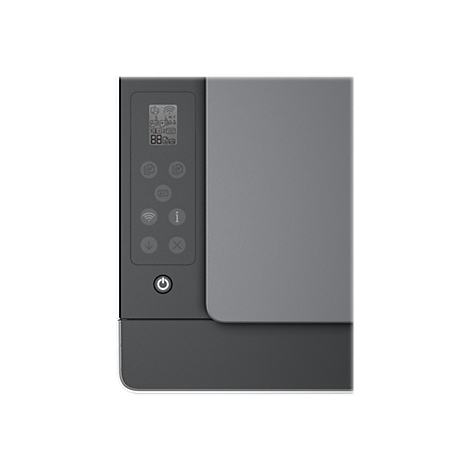 Drucker, grau mit Bedienfeld und Ein/Aus-Schalter.