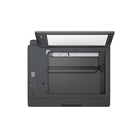 Draufsicht auf einen geöffneten Multifunktionsdrucker mit Bedienfeld auf der linken Seite.
