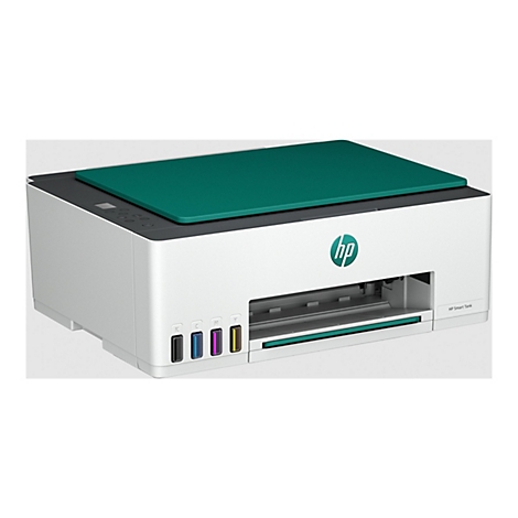 Ein weißer HP Smart Tank-Drucker mit grünem Deckel und HP-Logo. Farbdüsen für K, C, M, Y.