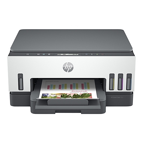 Imprimante HP blanche et grise avec un document imprimÃ©. Cartouches d'encre et logo HP visibles.