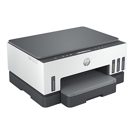 HP Smart Tank 7005 Tintenstrahldrucker, weiß-grau. Schwarzer Deckel, graue Papierausgabe, Farbpatronenanzeige.