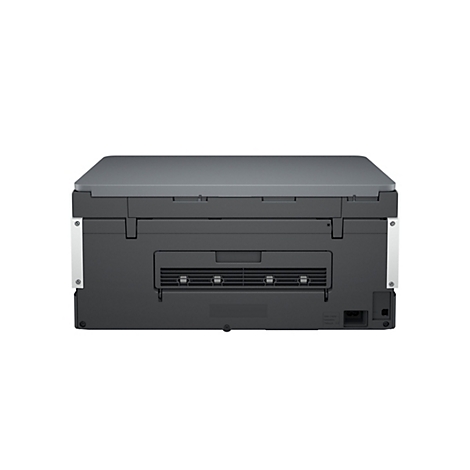 Rückansicht eines grauen, schwarzen und weißen Druckers. Unten rechts sind Anschlüsse und Leistungsdaten zu sehen.