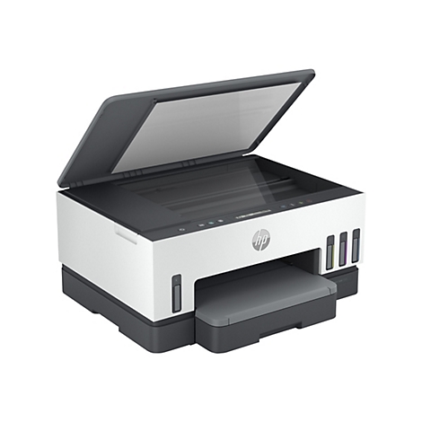 HP Smart Tank Drucker in Weiß und Grau mit geöffnetem Scannerdeckel auf weißem Hintergrund.