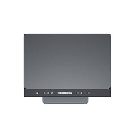 Vue de dessus d'une imprimante grise. Le panneau de commande affiche des symboles, tels que le Wi-Fi, et un petit écran.