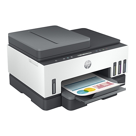Une imprimante HP blanche et grise avec une feuille de papier avec des graphiques colorÃ©s sortant de la sortie de l'imprimante.