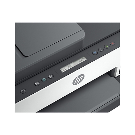 Gros plan d'une imprimante HP. Des boutons et un Ã©cran sont sur le panneau de commande.