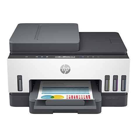 Ein weiß-grauer HP-Drucker, der ein Diagramm ausdruckt. Auf dem Drucker befinden sich farbige Tintenbehälter.