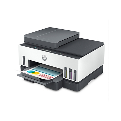 Ein weiß-grauer HP Smart Tank 7305 Drucker druckt ein Diagramm.