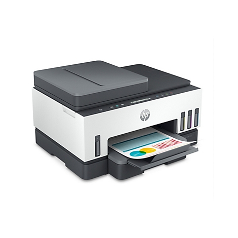 Ein weißer HP-Multifunktionsdrucker mit einem grauen Deckel. Ein Blatt Papier mit Diagrammen wird ausgegeben.