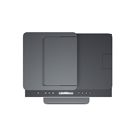 Draufsicht auf einen grauen Drucker mit offenem Deckel. Auf der Bedieneinheit Symbole und ein Display.