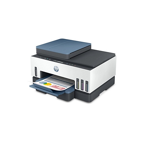 Ein HP-Multifunktionsdrucker. Das Gerät ist weiß und grau. Ein Blatt mit Diagrammen liegt im Ausgabefach.
