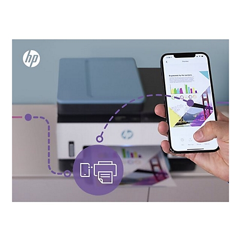 Smartphone steuert HP Drucker. Farbige Grafik mit Diagrammen auf dem Telefon-Display, HP Logo oben links.