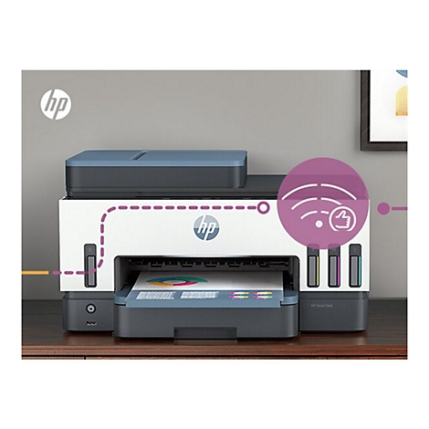 Ein HP Smart Tank-Drucker, der eine farbige Seite druckt. Ein lila Wi-Fi-Symbol mit Daumen-hoch-Geste ist abgebildet.