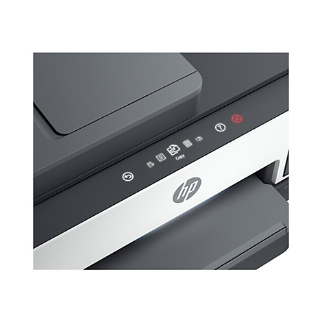 Detailaufnahme eines schwarzen und weißen HP-Druckers. Bedienfeld mit Icons und HP-Logo.