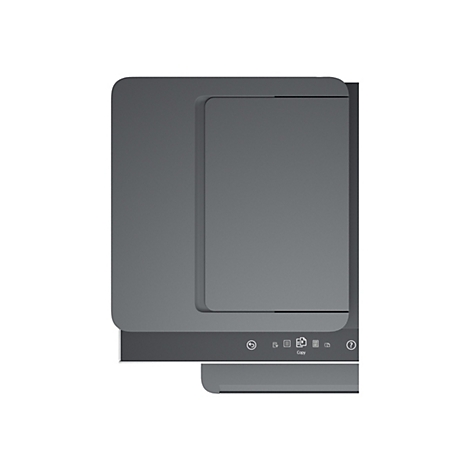 Draufsicht auf einen grauen Drucker. Auf der Oberfläche befinden sich mehrere Bedienknöpfe, darunter Kopieren und ein Fragezeichen.