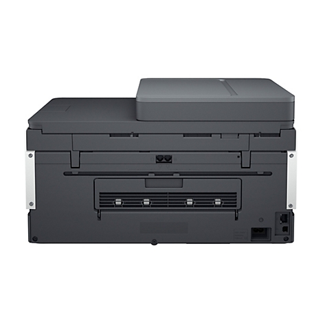 Arrière d'une imprimante grise avec des panneaux latéraux blancs, placée sur un fond blanc. Il y a des ports et un panneau de commande à l'arrière.