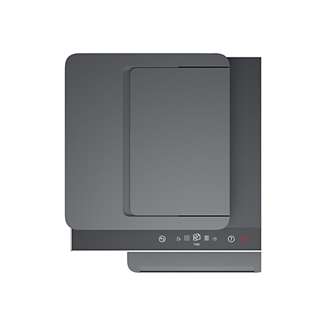Vue de dessus d'une imprimante grise. Il y a des éléments de contrôle sur la surface. L'imprimante est montrée sur fond blanc.