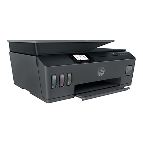 Drucker in Grau, mit Tintenpatronen in Blau, Magenta und Gelb. Display zeigt Optionen. HP Smart Tank Plus 570.