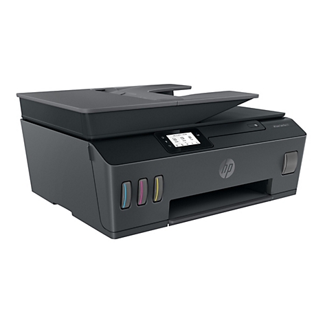 Ein grauer HP Smart Tank Plus 655 Drucker mit farbigen Tintentanks und einem Touchscreen-Display. Auf dem Display stehen Optionen wie Kopieren, Scannen und Faxen.