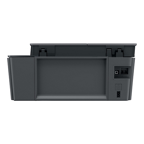 Rückansicht eines grauen Druckers, mit Anschlüssen für Strom, USB und Ethernet.