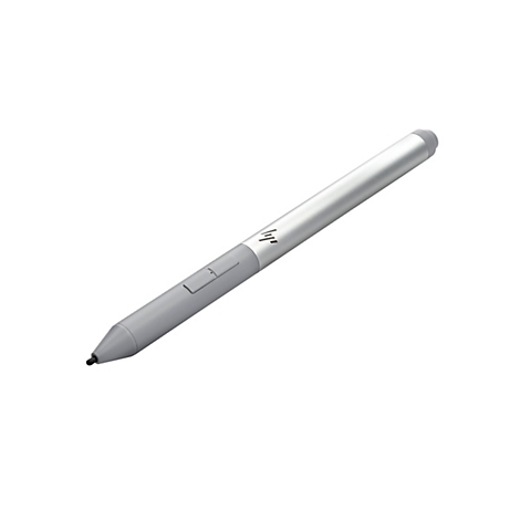 Un stylet gris avec le logo HP. Il est posé en diagonale sur fond blanc.