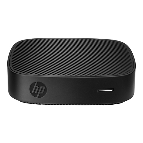 Ein schwarzer HP Mini-PC, rechteckig mit abgerundeten Ecken. Das obere Teil hat Rillen, das HP-Logo ist auf der Vorderseite abgebildet.
